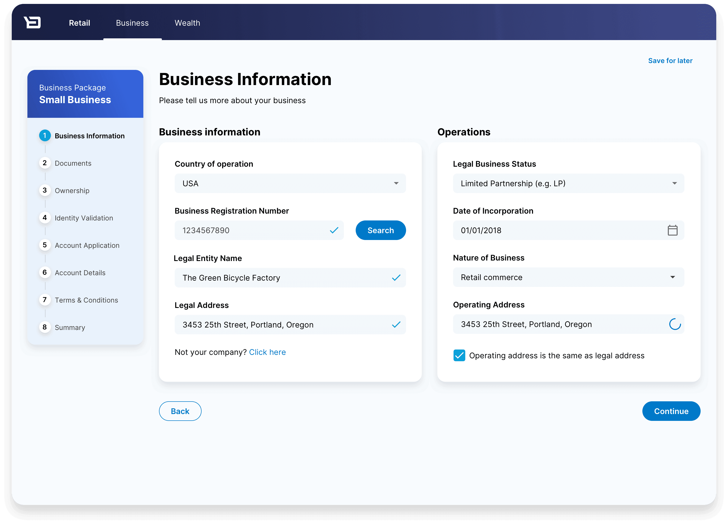 Step 1 business Information prefilled